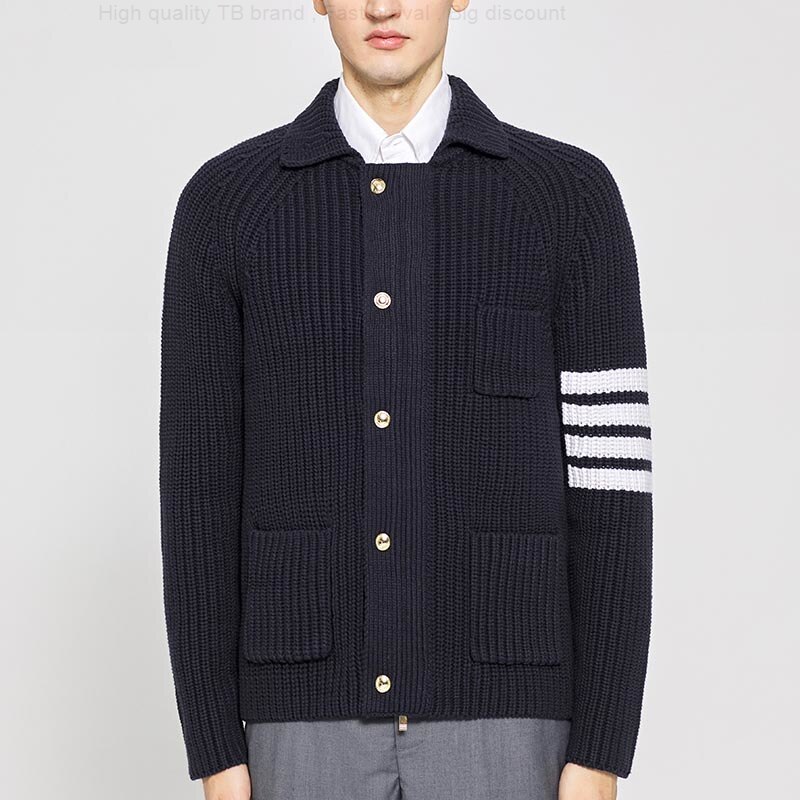 Korean TB Sweater THOM Men Turn Down Collar Cardigans Clothing Striped Design Wool Solid Zipper Thick Winter Casual Winter Coat